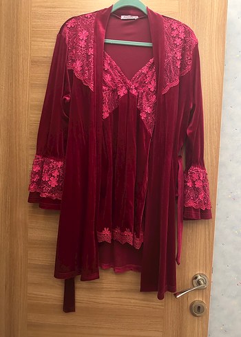 Bordo Nakışlı Uzun Kollu Bohem Kadın Pijama Takımı - Görsel 2