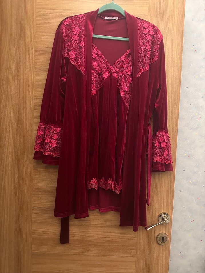 Bordo Nakışlı Uzun Kollu Bohem Kadın Pijama Takımı - Görsel 3