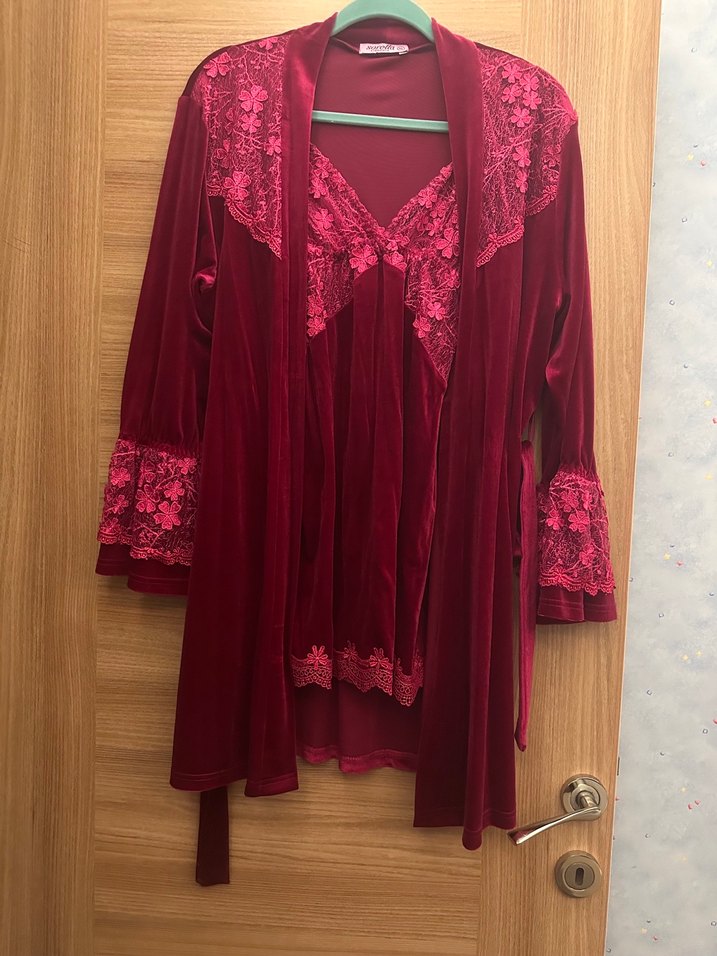 Bordo Nakışlı Uzun Kollu Bohem Kadın Pijama Takımı - Görsel 2