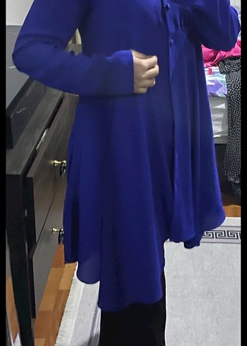 Düğmeli Uzun Kollu Mavi Tunik - Görsel 2