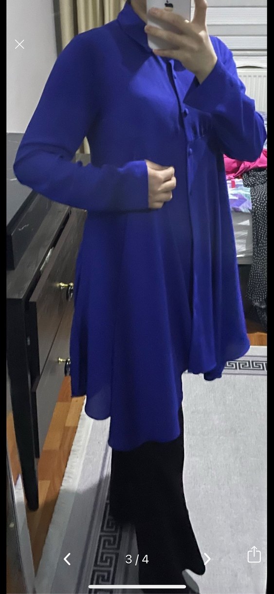 Düğmeli Uzun Kollu Mavi Tunik - Görsel 2