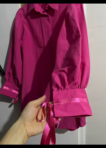 Pembe Uzun Kollu Düğmeli Kadın Gömlek - Görsel 2