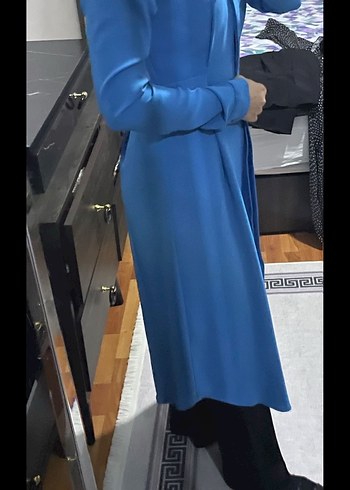 Uzun Mavi Kadın Palto - Görsel 2