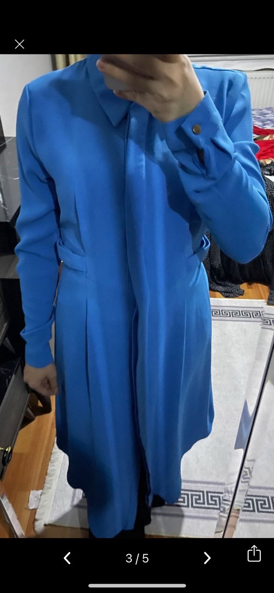 Uzun Mavi Kadın Palto - Görsel 3