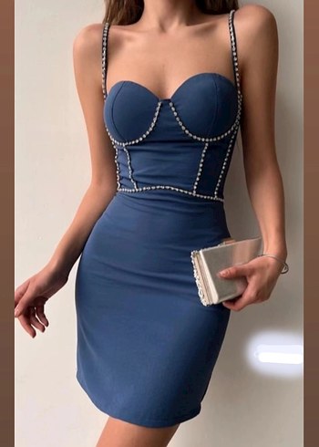 İnci İşlemeli Mavi Mini Denim Elbise