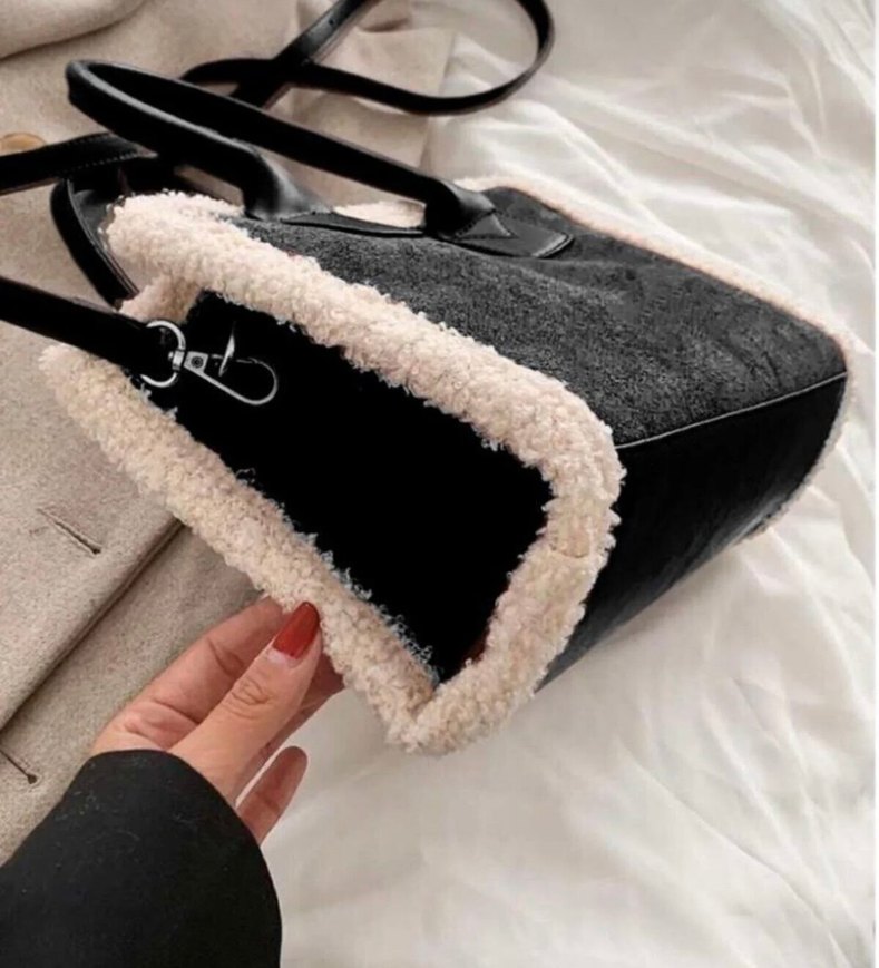 Kürk detay siyah nubuk çanta - Görsel 3