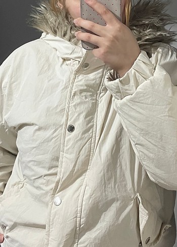 Kırık beyaz içi yünlü kürk şapka mont - Görsel 3