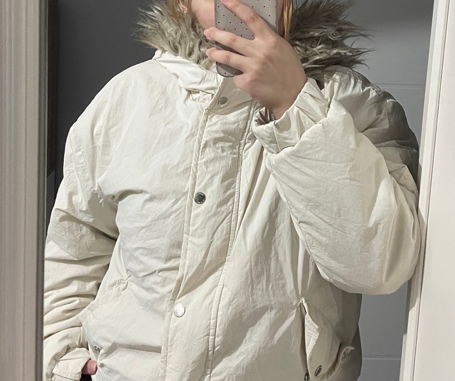 Kırık beyaz içi yünlü kürk şapka mont - Görsel 3