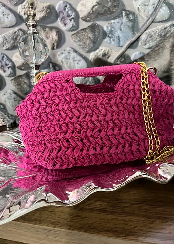  Beden pembe Renk Pembe Örgü mango model Kadın Çanta