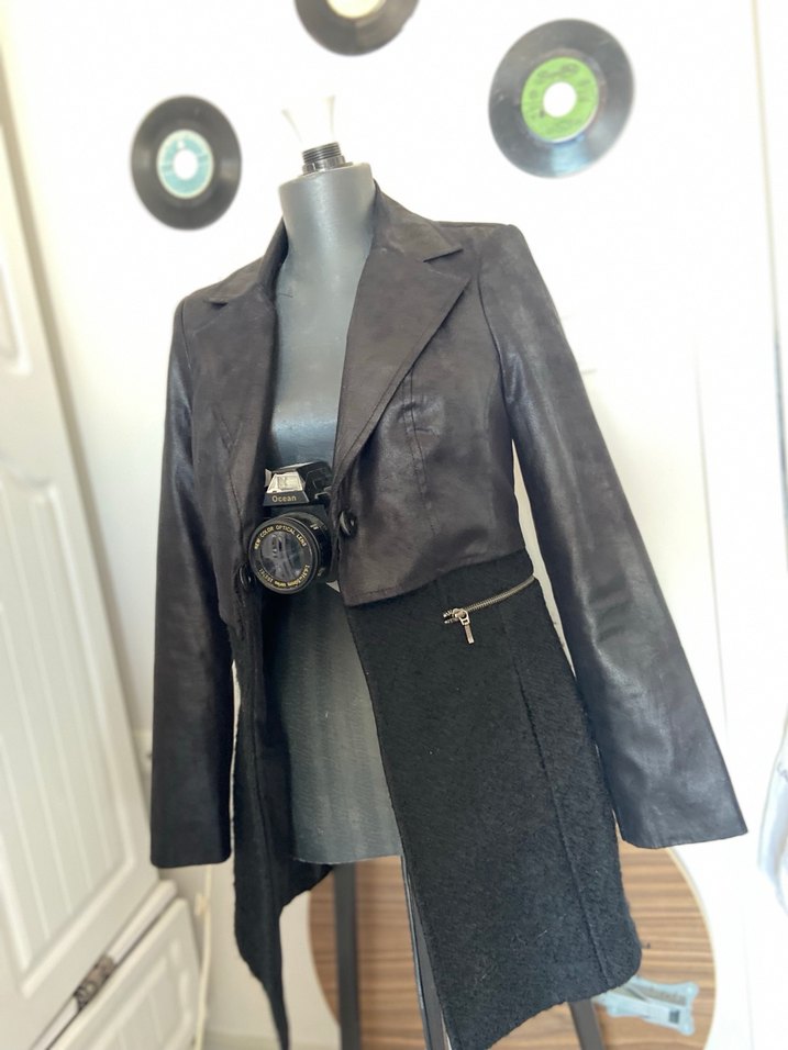 Siyah Deri Midi Ceket Kemerli - Görsel 3