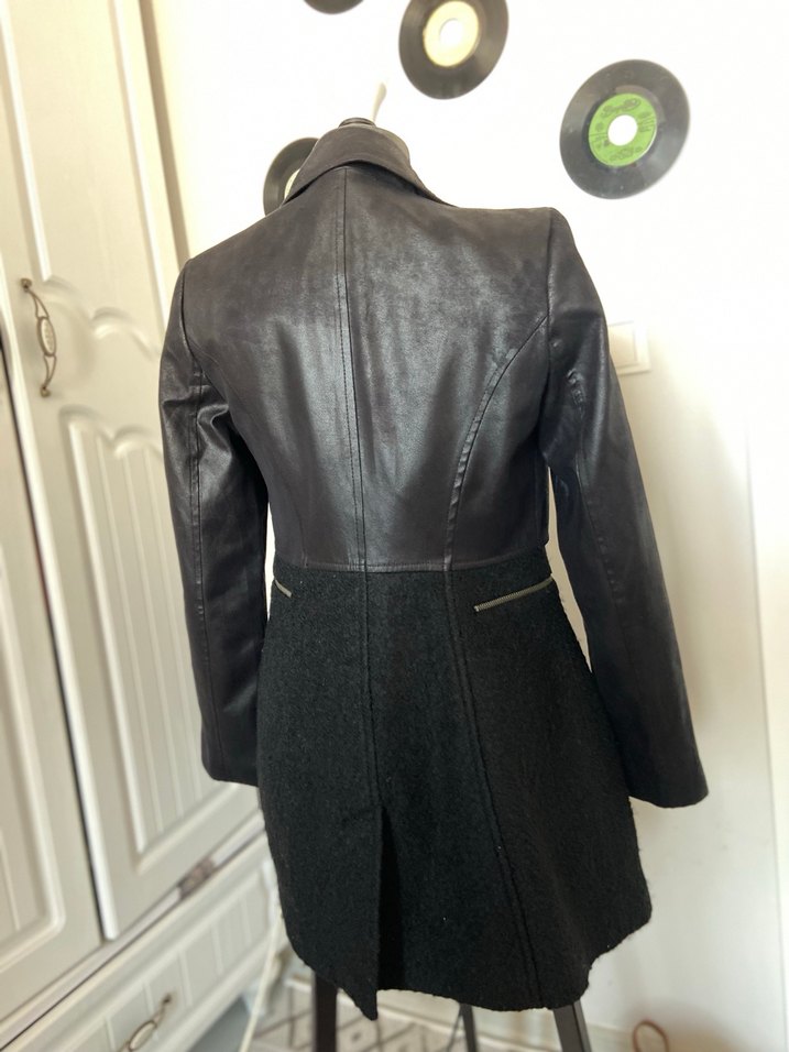 Siyah Deri Midi Ceket Kemerli - Görsel 2