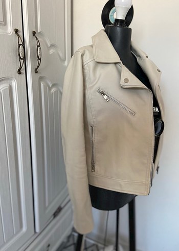 Bej Kadın Deri Biker Ceket - Görsel 2