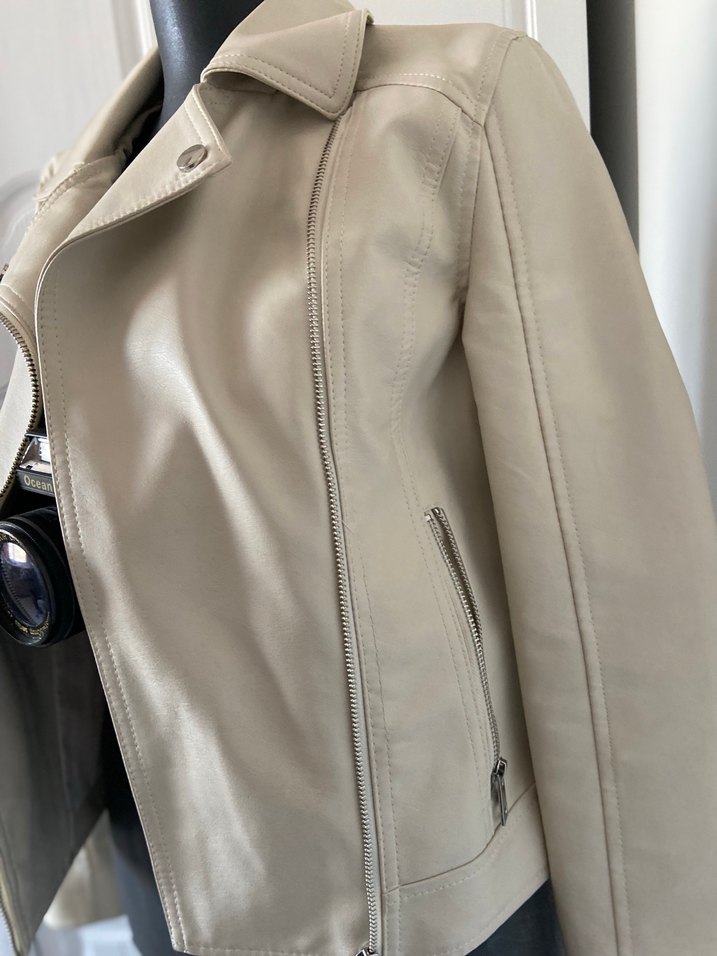 Bej Kadın Deri Biker Ceket - Görsel 4