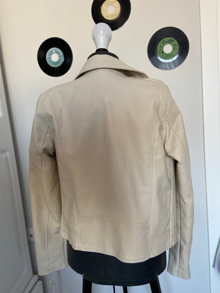 Bej Kadın Deri Biker Ceket - Görsel 3