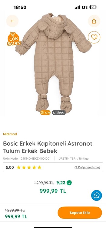 HelloBaby Ebebek basic kapitone Astronot mont tulum
