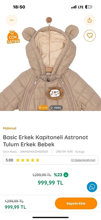 1 Yaş Beden Ebebek basic kapitone Astronot mont tulum