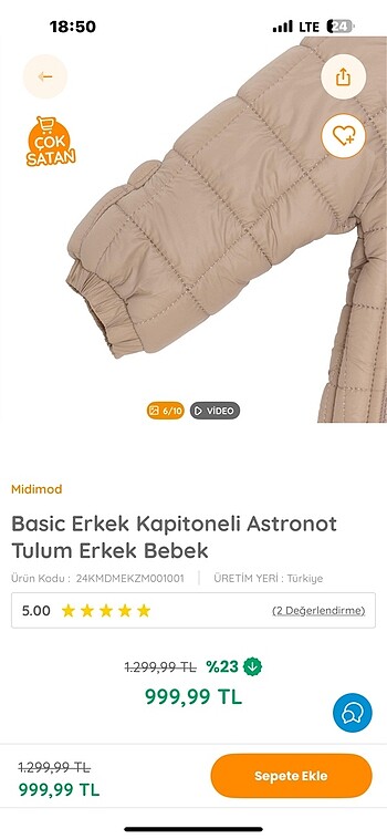1 Yaş Beden camel Renk Ebebek basic kapitone Astronot mont tulum