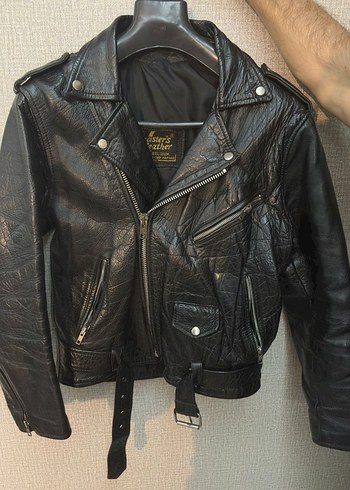 Bufalo derisinden Vintage Siyah Deri Biker Mont