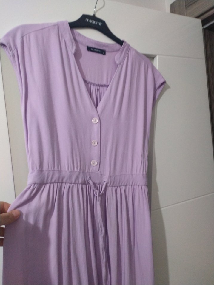 V Yaka Pilili Midi Mor Elbise - Görsel 2