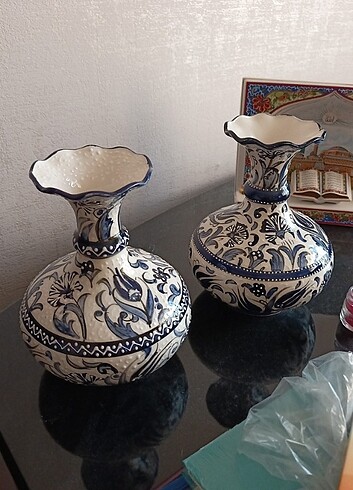 İkiz geniş vazo el yapımı 20cm mavi beyaz