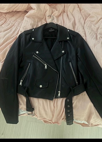 Kadın Siyah Deri Biker Ceket - Görsel 2