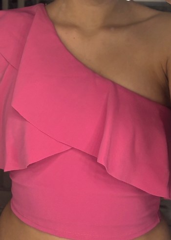 Pembe Tek Omuz Volanlı Crop Top - Görsel 3