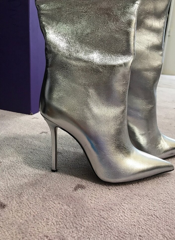 Gri Metalik İnce Topuklu Dizüstü Kadın Çizme - Görsel 2