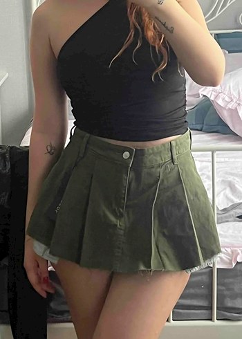 Kadın Haki Pilili Mini Etek - Görsel 4