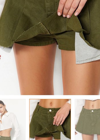 Kadın Haki Pilili Mini Etek - Görsel 3