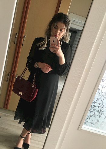 Siyah Uzun Kollu Midi Elbise - Görsel 2