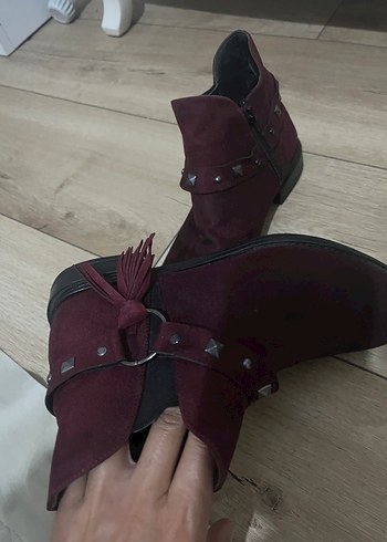 37 Beden bordo Renk Kadın Bordo Süet Tokalı Topuklu Bot