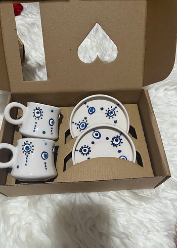 Beyaz Seramik Nazar Boncuklu Fincan Seti - Görsel 3