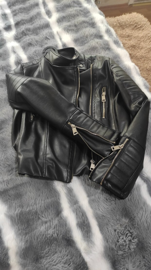 Siyah Parlak Deri Biker Ceket Kadın - Görsel 2