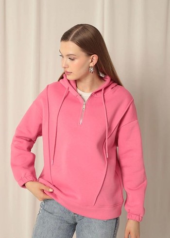 Kadın Pembe Kapüşonlu Fermuarlı Sweatshirt