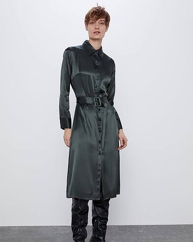 xs Beden Zümrüt Yeşili Zara Saten Midi Elbise