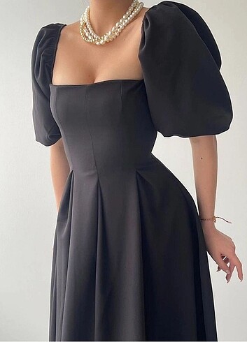 Siyah midi elbise balon kol 