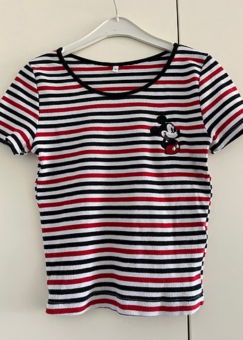 Kırmızı Siyah Çizgili Mickey Mouse Baskılı Tişört