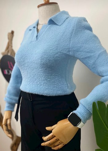 Mavi polo Yaka Sakal Kadın Kazak - Görsel 2