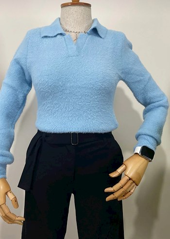 Mavi polo Yaka Sakal Kadın Kazak - Görsel 4