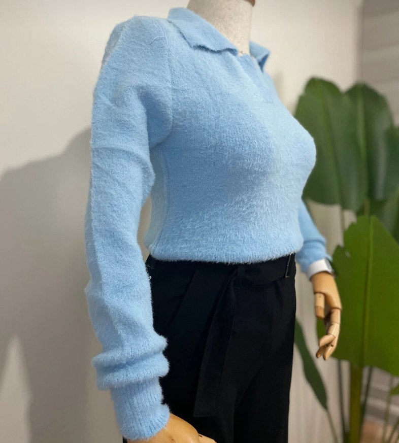 Mavi polo Yaka Sakal Kadın Kazak - Görsel 3