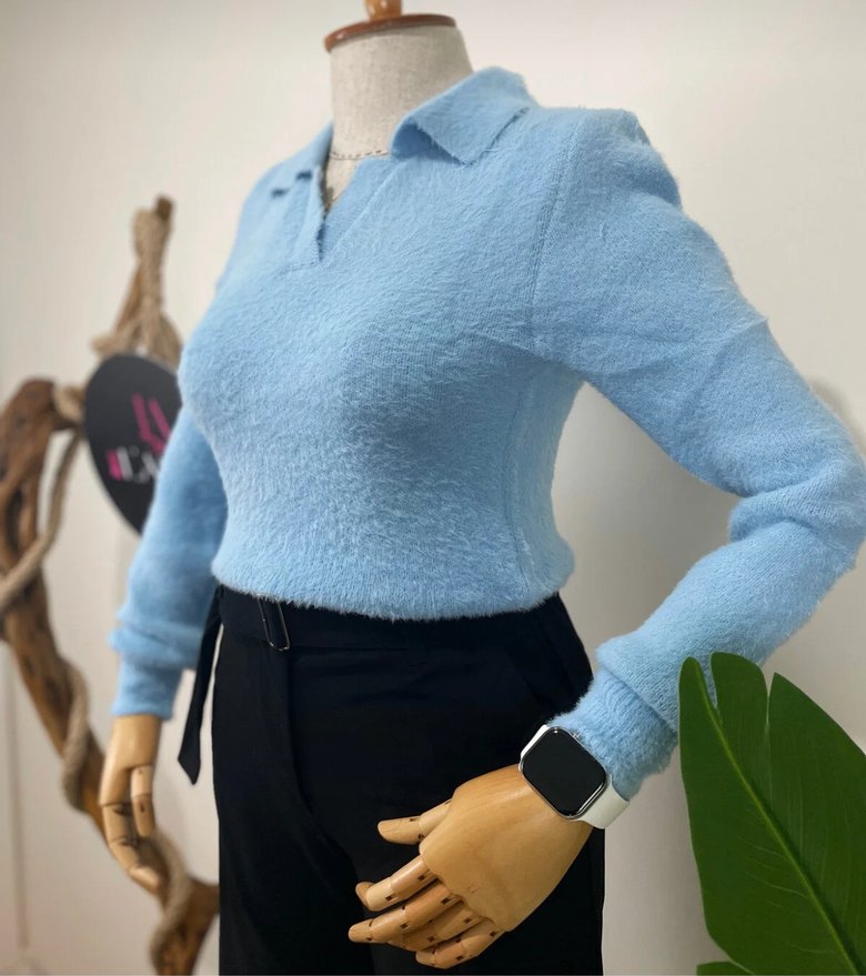 Mavi polo Yaka Sakal Kadın Kazak - Görsel 2