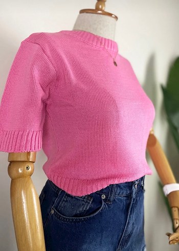 Pembe Kısa Kollu Triko Kadın Kazak - Görsel 2