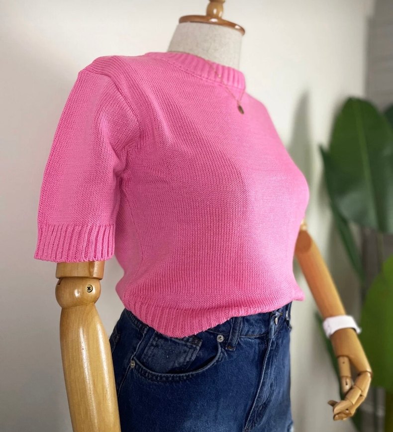 Pembe Kısa Kollu Triko Kadın Kazak - Görsel 2
