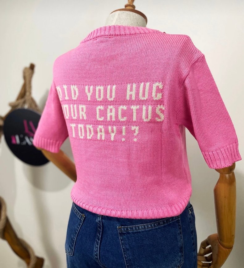 Pembe Kısa Kollu Triko Kadın Kazak - Görsel 3