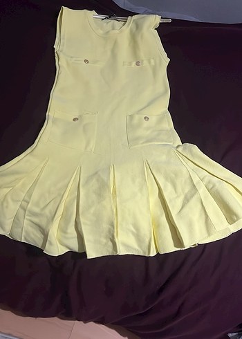 Sarı Mini Pilili Straplez Elbise - Görsel 2