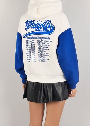 Mavi Kollu Beyaz Kapüşonlu Sweatshirt - Görsel 2