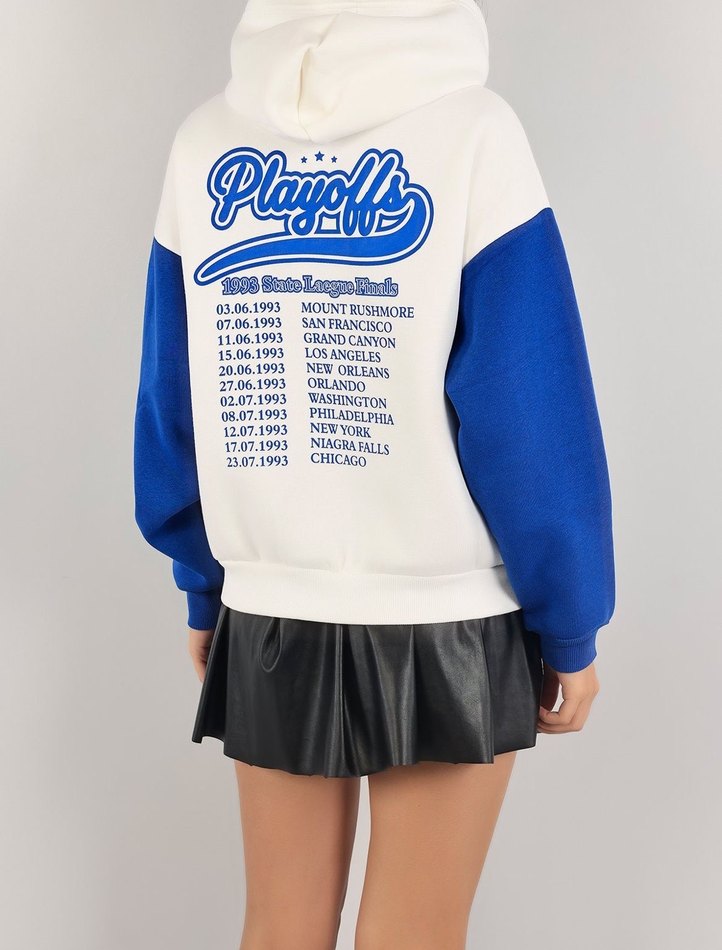 Mavi Kollu Beyaz Kapüşonlu Sweatshirt - Görsel 2