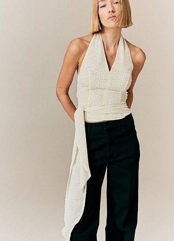 H&M halter yaka krinkle puantiyeli üst