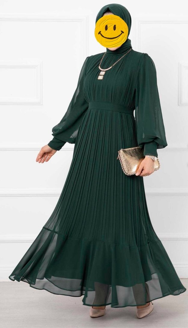 Diger Yeşil Piliseli Uzun Elbise - Görsel 3