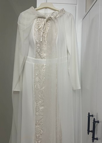 İşlemeli Uzun Beyaz Nikah Elbisesi Gelinlik Abiye - Görsel 6